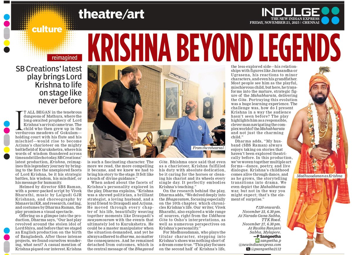 SB Creations is back with their brand-new play #Krishna , which brings some lesser-known facets of Lord Krishna. The play will have its premiere this weekend <a href="/indulgexpress/">indulgexpress</a> 

indulgexpress.com/culture/theatr…