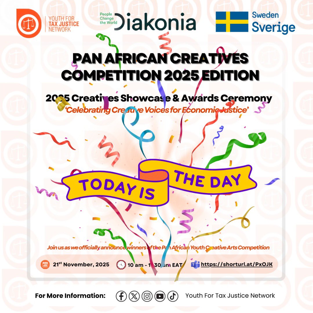We are LIVE, SET &amp; READY for the #CreativesShowcase &amp; #AwardsCeremony for the 2️⃣0️⃣2️⃣5️⃣ Pan- African Creatives Competition🎊❗️

The Youth for Tax Justice Network (YTJN) successfully launched the inaugural Pan African Creative Arts Competition, which an initiative designed to