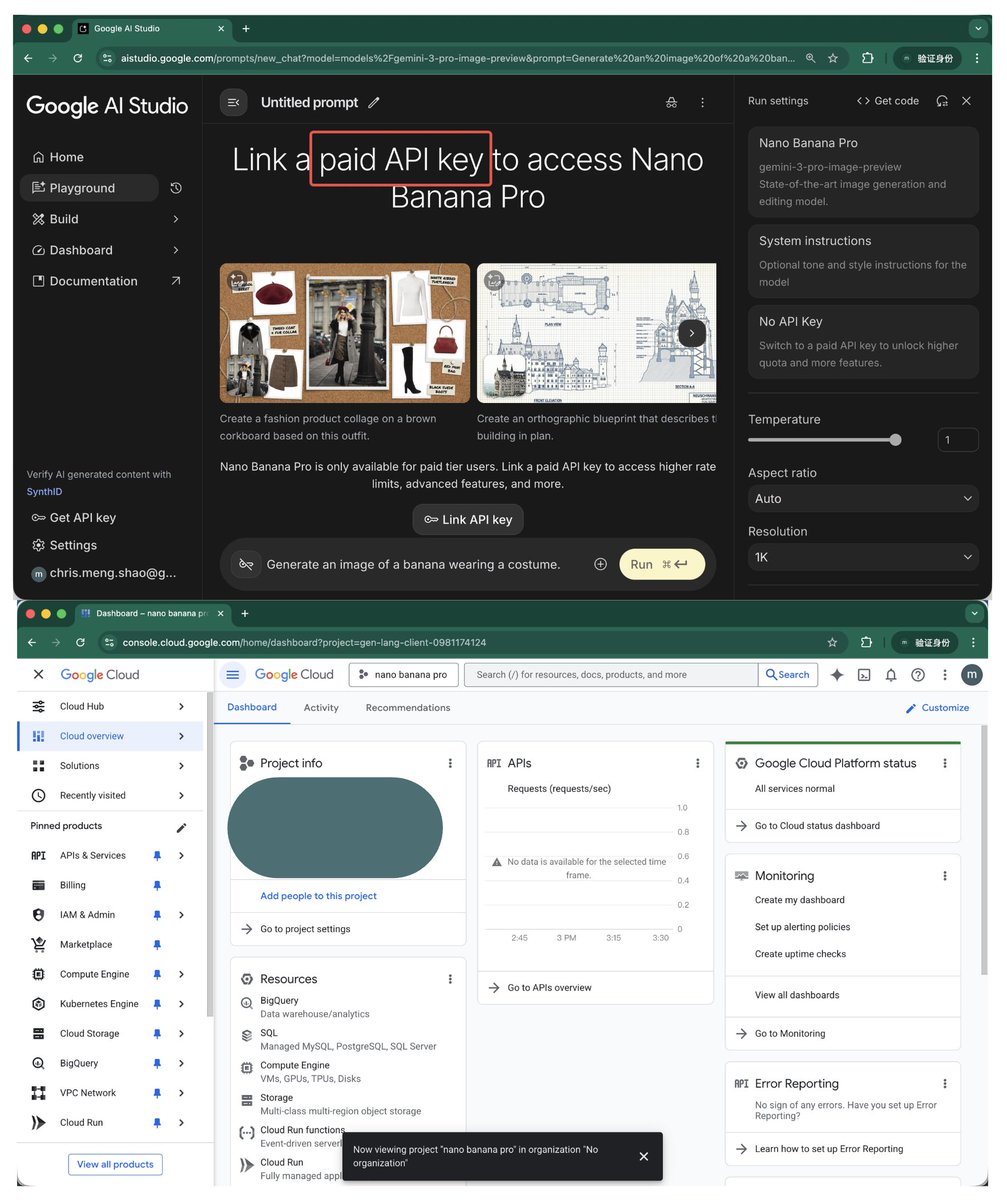 O Google AI Studio agora pode usar o Nano Banana Pro, mas é necessária uma chave de API paga.

 Nossa conta padrão regis