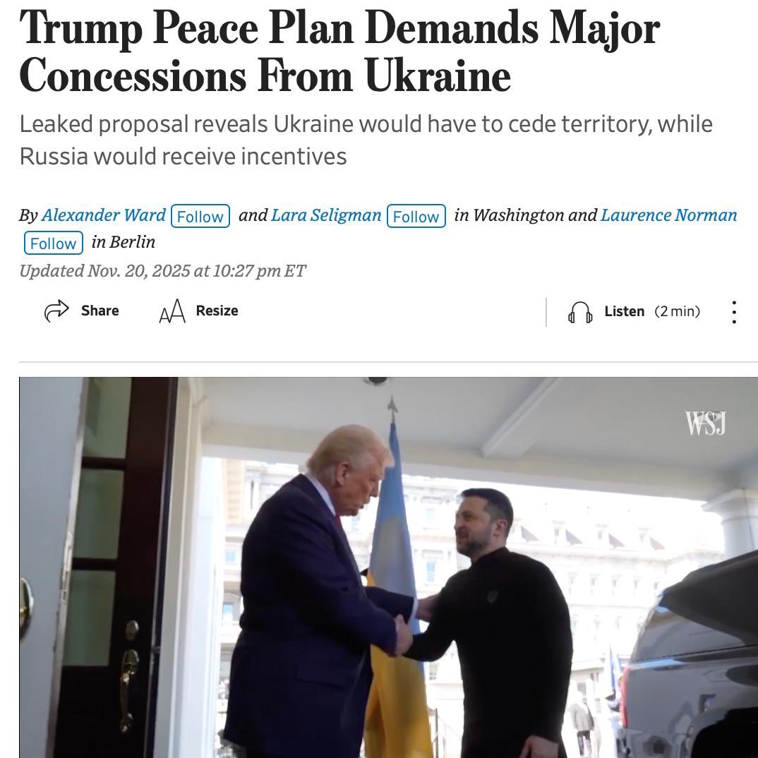 camille_moscow's tweet image. 🇺🇦🇺🇸 Kiev a retiré du plan américain la vérification de la corruption – WSJ

Initialement, le projet de plan de paix américain proposait de réaliser un audit de toute l&apos;aide internationale reçue par l&apos;Ukraine afin de détecter d&apos;éventuels cas de corruption.

❗️ Mais dans la…