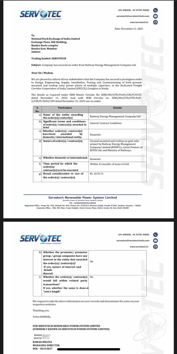 Vivek_Ruparel's tweet image. #ORDER #SERVOTECH

Company has secured a prestigious order to Design, Engineering, Supply, Installation, Testing and Commissioning of both ground- mounted and rooftop solar power plants of multiple capacities, at the Dedicated Freight Corridor Corporation of India Limited…