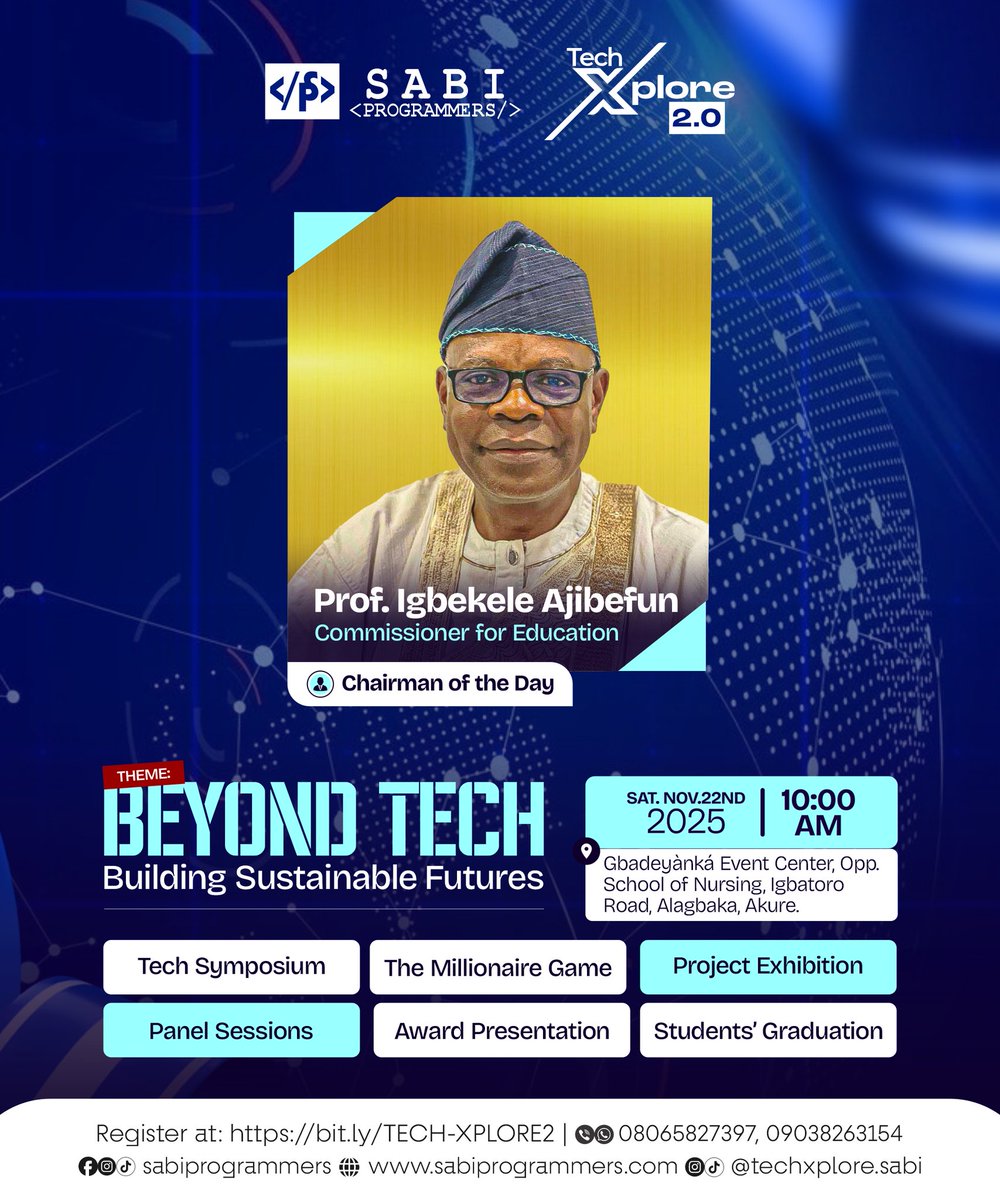 SabiProgrammers's tweet image. Proudly introducing the chairman of tech xplore 2.0, Prof. Igbekele, Ajibefun, Ondo State Commissioner for Education 

To connect with him, attend tech xplore 2.0 for free

Registration link in the first comment 

#TechXplore #commissionerofeducation #techevent #akuretech