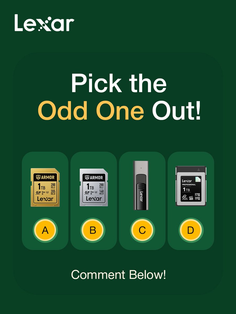 LexarMEA's tweet image. 🧠 Spot the odd one out! Among Lexar SD cards, SSDs, and flash drives, one stands apart — can you guess which? 👀 Comment below and show your Lexar knowledge! ⬇️ Follow @lexarmemory_mea for high-performance storage. 💪📸 #Lexar #TechQuiz