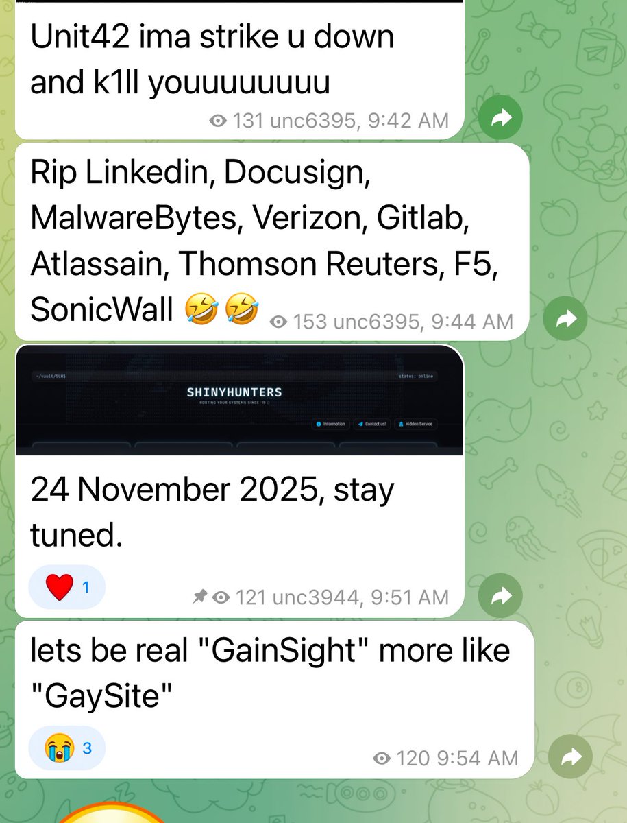FalconFeedsio's tweet image. Scattered Spider / SLSH just launched a new Telegram channel — and the activity shows a clear escalation in both tone and targeting.

Early observations from the new channel:
•They’re bragging about 300+ victims individually, claiming higher earnings than Qilin &amp;amp; Cl0p combined.…