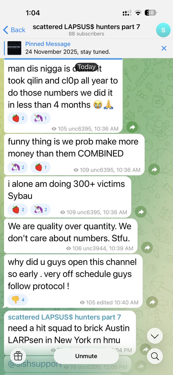 FalconFeedsio's tweet image. Scattered Spider / SLSH just launched a new Telegram channel — and the activity shows a clear escalation in both tone and targeting.

Early observations from the new channel:
•They’re bragging about 300+ victims individually, claiming higher earnings than Qilin &amp;amp; Cl0p combined.…