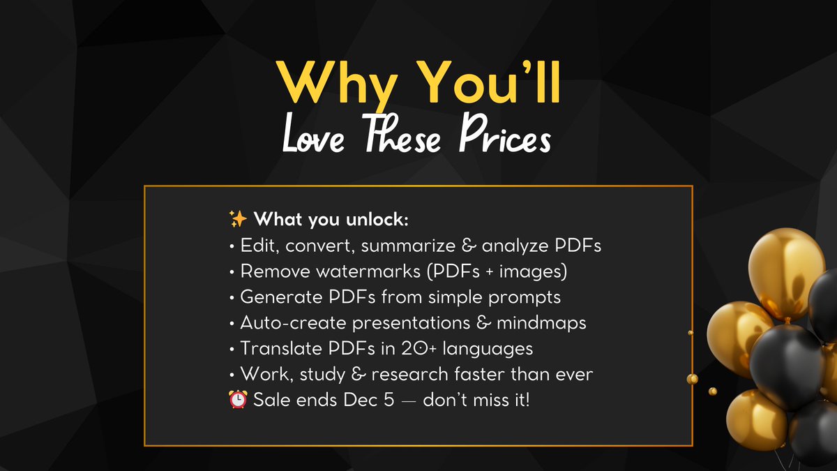 LightPdf's tweet image. Black Friday is ON!! 🔥🔥🔥
⏰Ends Dec 5
Save up to $40 OFF — biggest deal of the year.
🌟Annual: $35.99
🌟Lifetime: $69.99
All your PDF + AI tools in one place — edit, convert, summarize, translate.
💰Deal here ➜ lightpdf.com/promotion?appt…