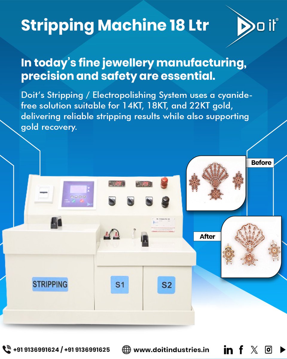Doit_Industries's tweet image. Boost your jewellery production with the Stripping Machine 18 Ltr — cyanide-free, highly precise, and perfect for clean stripping of 14KT, 18KT &amp;amp; 22KT gold. Safe. Efficient. Reliable. 

#DoitIndustries #JewelleryTech #StrippingMachine #GoldProcessing #ManufacturingInnovation