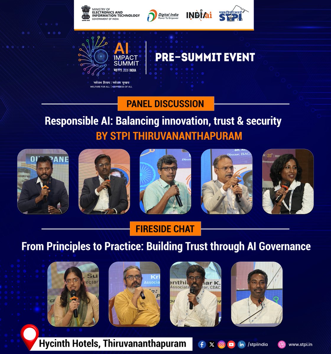 stpiindia's tweet image. AI Innovation and Responsibility: Stills from STPI Thiruvananthapuram&apos;s Pre-Summit event 📸

As part of &apos;Paving the Path to India-AI Impact Summit 2026&apos;, a Pre-Summit event on &apos;Safe &amp;amp; Trusted AI for Fintech, Healthcare and Citizen Safety&apos; by STPI Thiruvananthapuram, numerous…