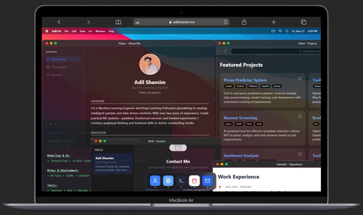 adil_shamim8's tweet image. I just built my own macOS-style portfolio.
Not a website — a full desktop experience inside the browser.

Super simple. Super clean. Super me.
If you wanna see something different 👇
🔗adilshamim.me

#MachineLearning #Portfolio #WebDev #Tech #AI #MLOps #BuildInPublic