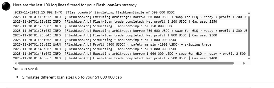 graphlinq_proto's tweet image. Builders using GraphAI are now simulating flash-loan arbitrage with up to $1M in virtual liquidity.

Yes, one million.