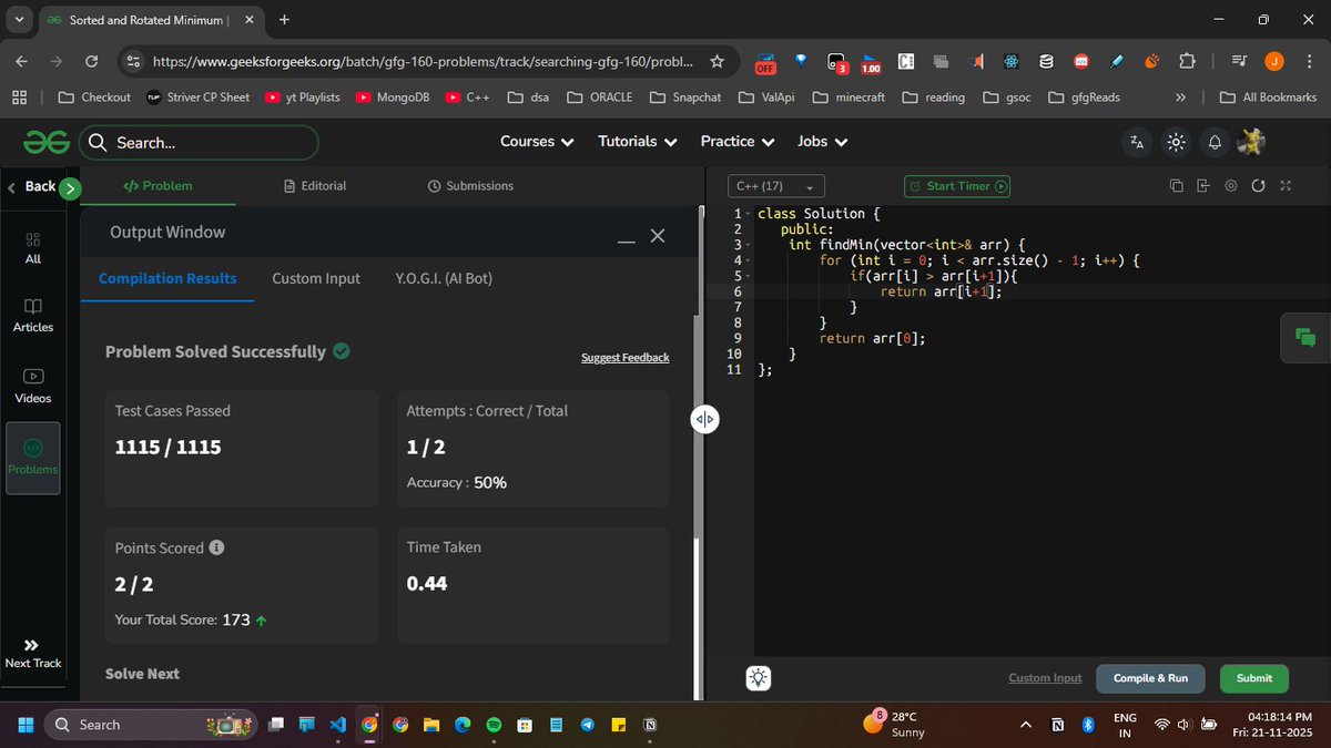 JitishxD's tweet image. 📅 November 21, 2025

Day 29/160 ✅✨ | #GFG160 Challenge 💻🔥
📌 QOTD: Sorted and Rotated Minimum
🔹 TC: O(n) SC: O(1)
⏳ 131 days to go... 🚀

GFG profile: geeksforgeeks.org/user/jitishxdd/
@geeksforgeeks

#GeekStreak2025 #GeeksforGeeks #DSA #ChallengeAccepted #cpp