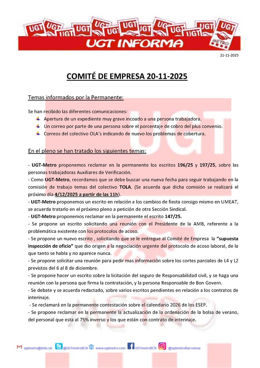 Resumen del pleno del Comité de Empresa celebrado ayer.