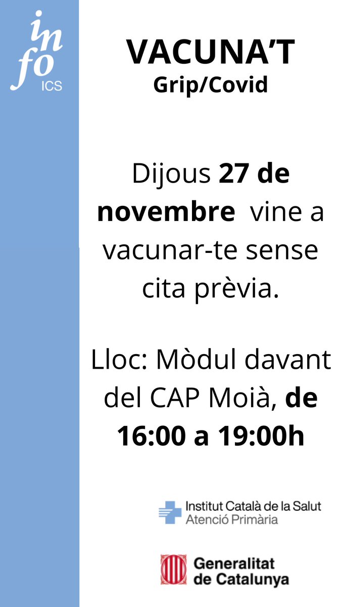 💉 VACUNA’T de Grip/Covid!

📅 Dijous 27 de novembre
⏱ De 16:00 a 19:00 h
📍 Mòdul davant del CAP Moià

Vine a vacunar-te sense cita prèvia!

#Moià #Salut #Vacunació #ICS #25N