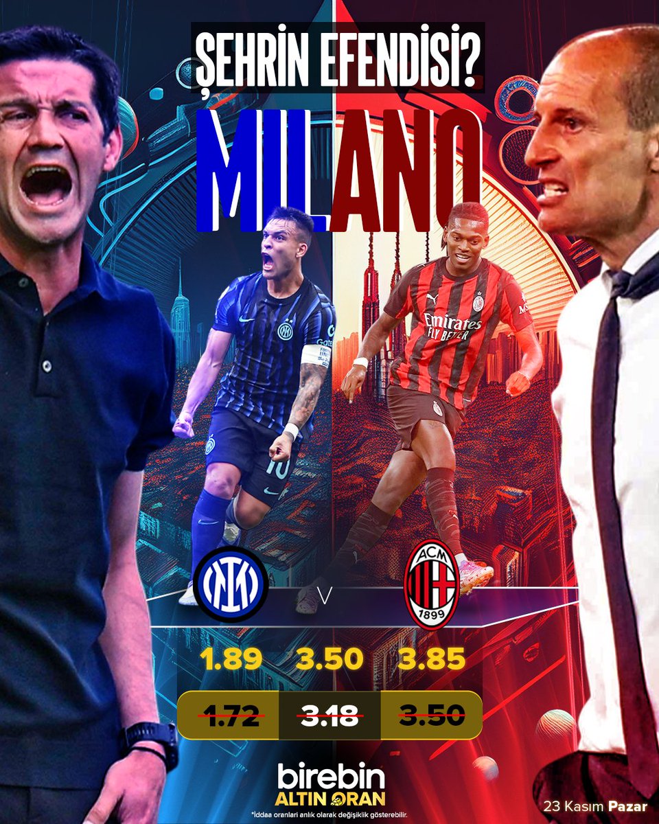 birebincom's tweet photo. Şehrin Efendisi Kim Olacak?
Chivu'nun Inter'i mi, Allegri'nin Milan'ı mı?

🇮🇹Kıran kırana geçmesi beklenen karşılaşmada 24 puanlı lig lideri Inter, 22 puanlı lig üçüncüsü Milan ile kozlarını paylaşıyor!

⚔️Inter - Milan

🔥Karşılaşmanın heyecanını “Altın Oran” farkıyla BİREBİN’de yaşa!