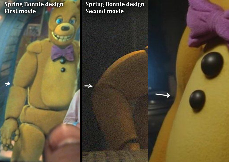 Interesting change in design:

In the second movie, Spring Bonnie has segmented arms, unlike the first movie design. His arm is a full piece now.