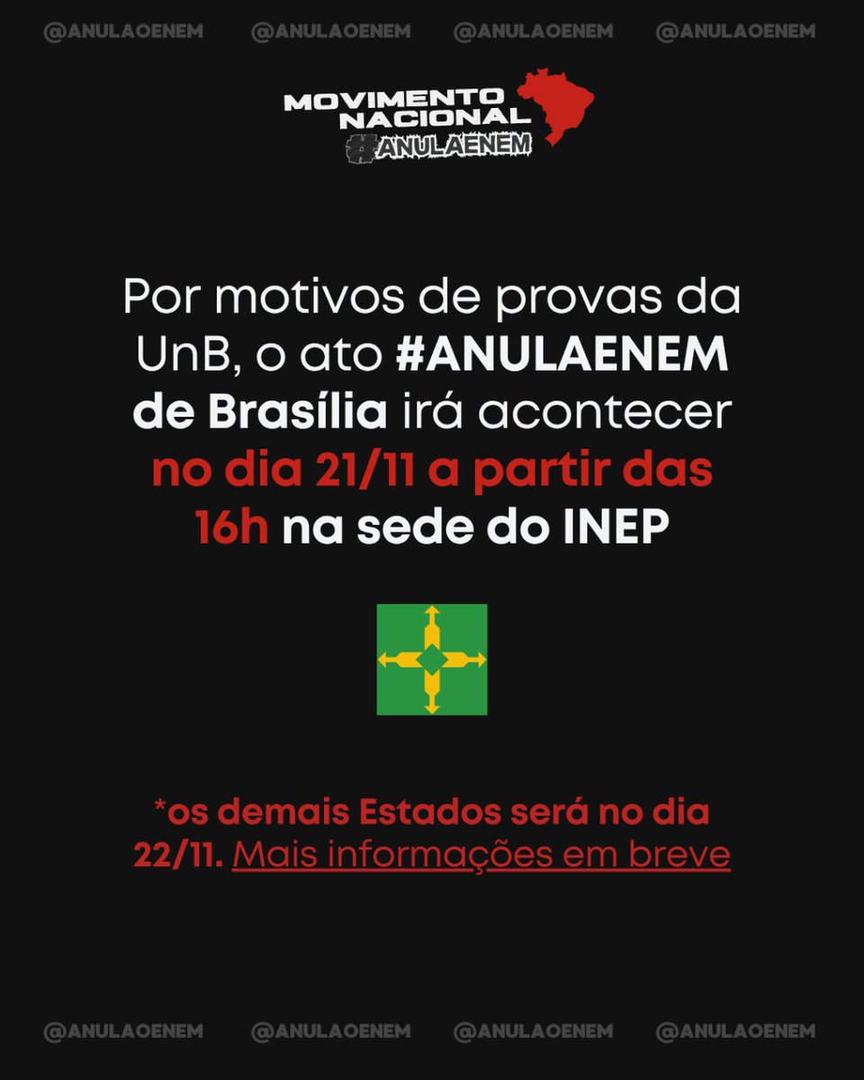 studyre_'s tweet image. ⚠️Atenção! Hoje começa a primeira manifestação do movimento nacional #ANULAENEM, às 16h, em Brasília, na sede do Inep. Compartilhem! Quem não puder ir, sobe a hashtag #ANULAENEM e ajuda na divulgação!
Site abaixo!
anulaenem.pages.dev