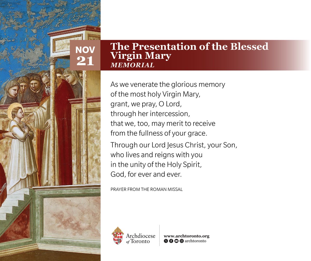 archtoronto's tweet image. The Memorial of the Presentation of the Blessed Virgin Mary recalls the day on which Mary, while still a child, was brought to the temple in Jerusalem to be offered to God. Learn more: bit.ly/PresentationVa…