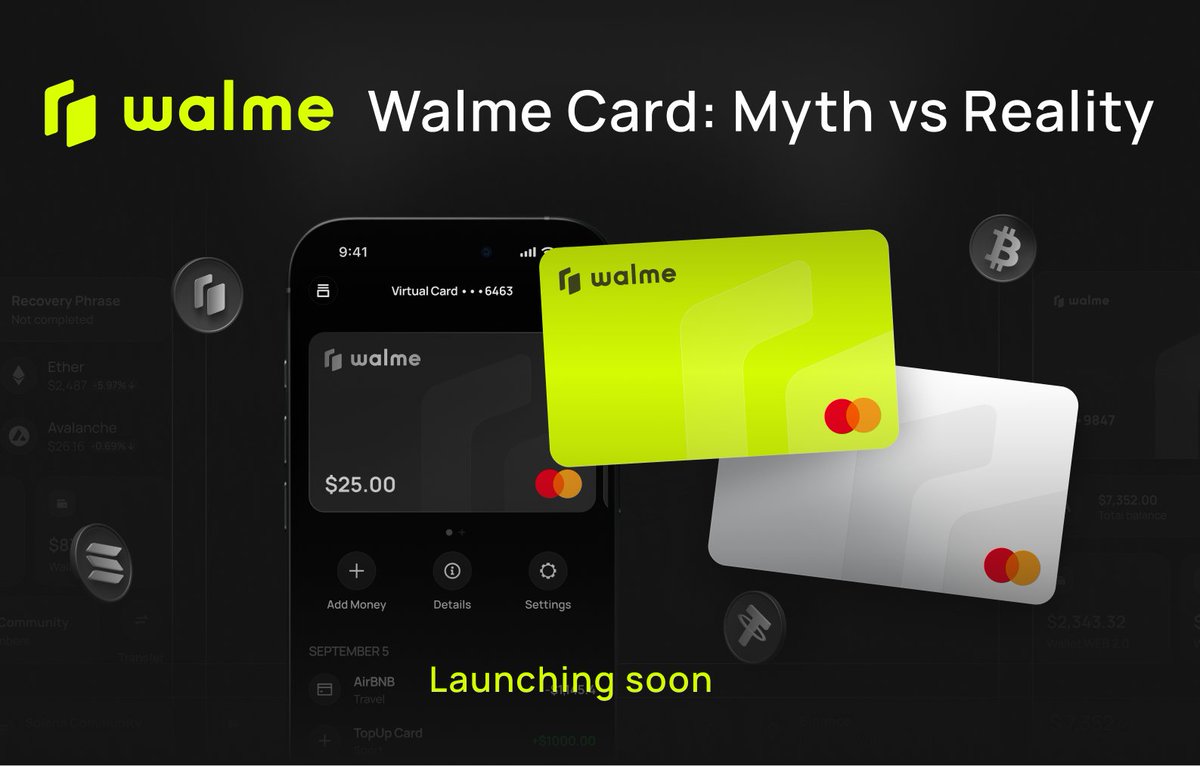 Crypto card myths vs Walme Card 💳

Walme Card is launching soon — so let’s bust a few myths 👇

Myth 1: “Crypto cards are complicated.”
Walme: Top up with USDT, add to Apple/Google Pay, tap to pay.

Myth 2: “Creating a card takes so long.”
Walme: A few taps in-app and activation