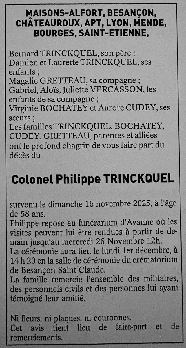 La_Pollice's tweet image. Les obsèques de Philippe (@TrinckquelPh) seront célébrées lundi 1er décembre 2025 à 14h20 au crématorium de Besançon.
À toutes celles et ceux qui l’ont connu, apprécié, respecté ou aimé, ce sera l’occasion de lui rendre un dernier hommage 🙏😞