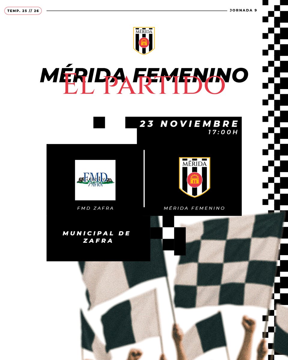 ⚪️⚫️ 𝐄𝐋 𝐏𝐀𝐑𝐓𝐈𝐃𝐎 | #MéridaFemenino

🆚 FMD Zafra Femenino
⏰ 17:00h
📅 Domingo, 23 de noviembre
🏟️ Municipal de Zafra

🙌🏼 ¡Vamos, romanas! 🍍