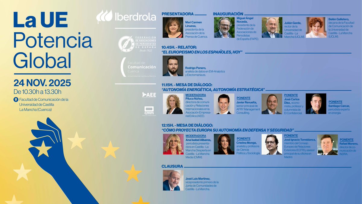 fape_fape's tweet image. ➡️El lunes tendrá lugar el foro &quot;La Unión Europea (UE), potencia global&quot;, organizado por la FAPE y la @uclm_es , con la colaboración de @iberdrola 

⏰A las 10:30h, en la Facultad de Comunicación de Cuenca @FcomUCLM 

📺Síguelo en directo aquí: youtube.com/watch?v=IwGqt5…
