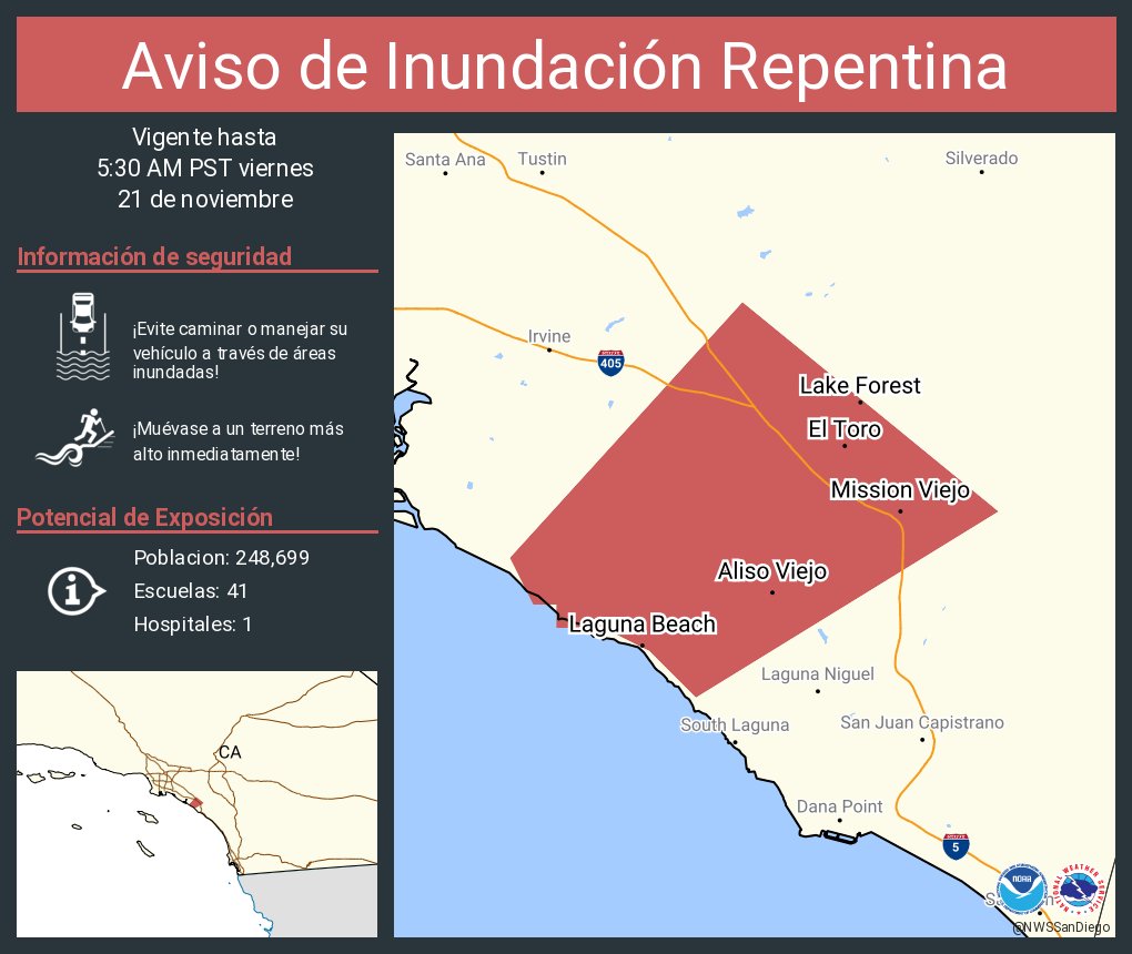 NWSSanDiego's tweet image. Aviso de Inundación Repentina continúa Mission Viejo CA, Lake Forest CA, Aliso Viejo CA hasta las 5:30 AM PST