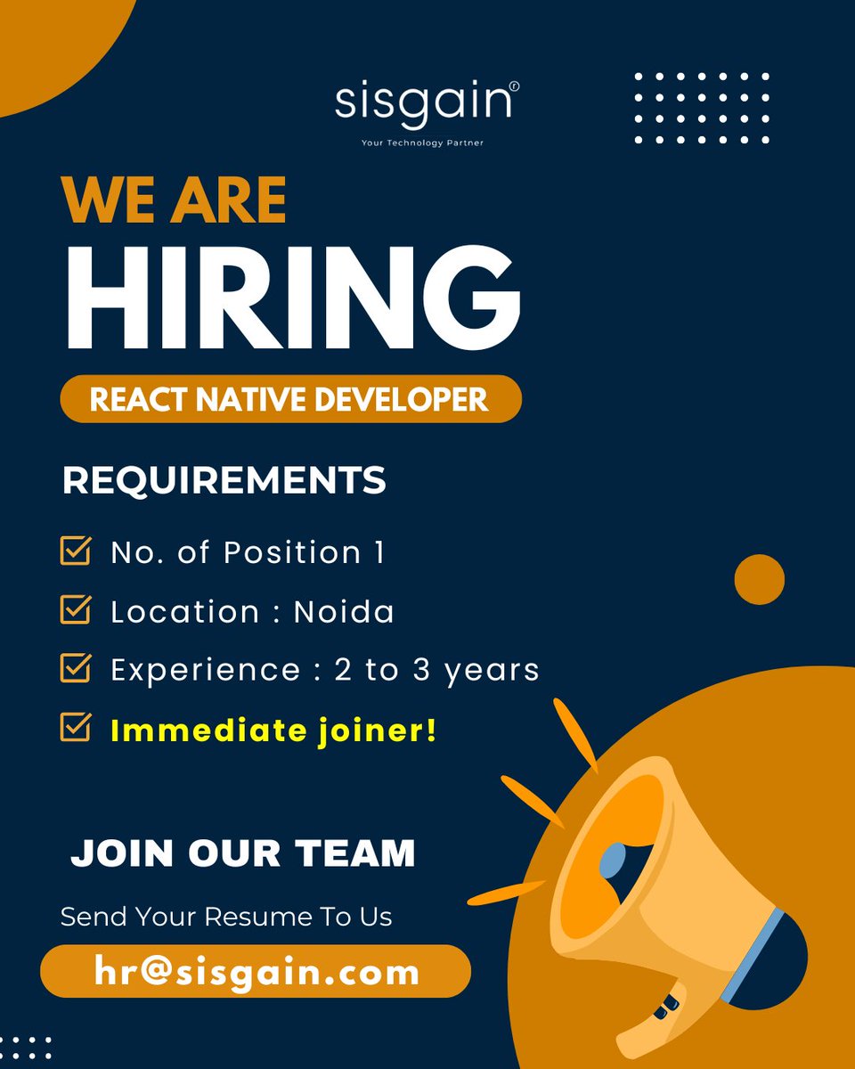 spectrum1995's tweet image. We’re hiring a React Native Developer in Noida!
Looking for your next career move in mobile app development? Full-time, on-site, real growth.

Apply now: hr@sisgain.com

#reactnative #reactnativedeveloper #reactjobs #mobileappdeveloper #techhiring #itjobsindia