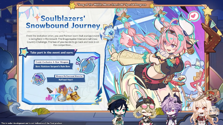 G8_Genshin's tweet image. The Soulblazers&apos; Snowbound Journey is a #Dragonspine event feat. a 4-star bow weapon reward! Minigames include: snowtrace hide-and-seek, frontier recon, snowball launching, and combat trial! ⛄️❄️

#GenshinImpact #SpecialProgram #LunaIII #Livestream #Game8