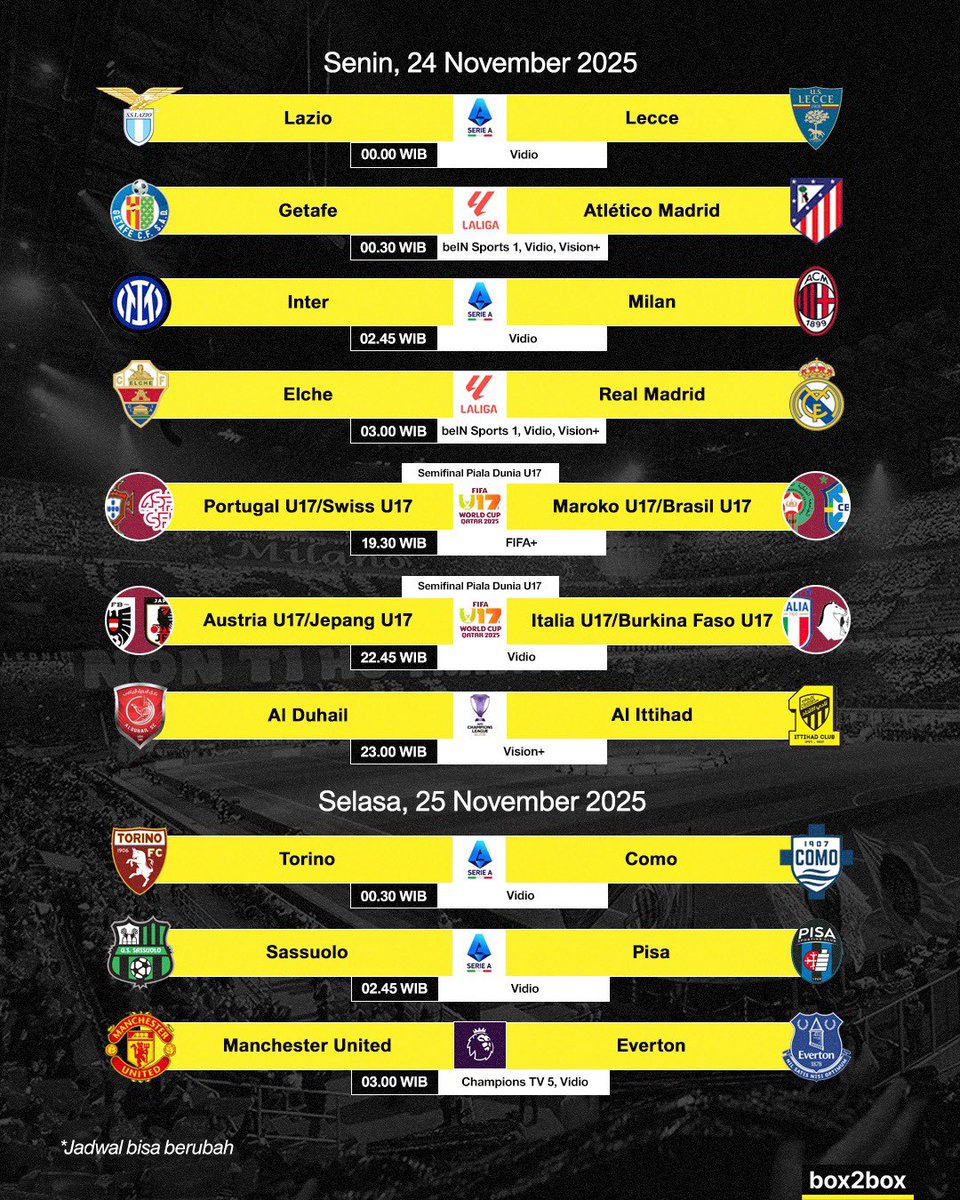 DRAMA SEPAK BOLA AKHIR PEKAN!

JEDA INTERNASIONAL BERHENTI DULU. MARI LANJUT KE LIGAAA 🫵🏻😎

MATCH MANA YANG PENGEN KALIAN TONTON? 👀