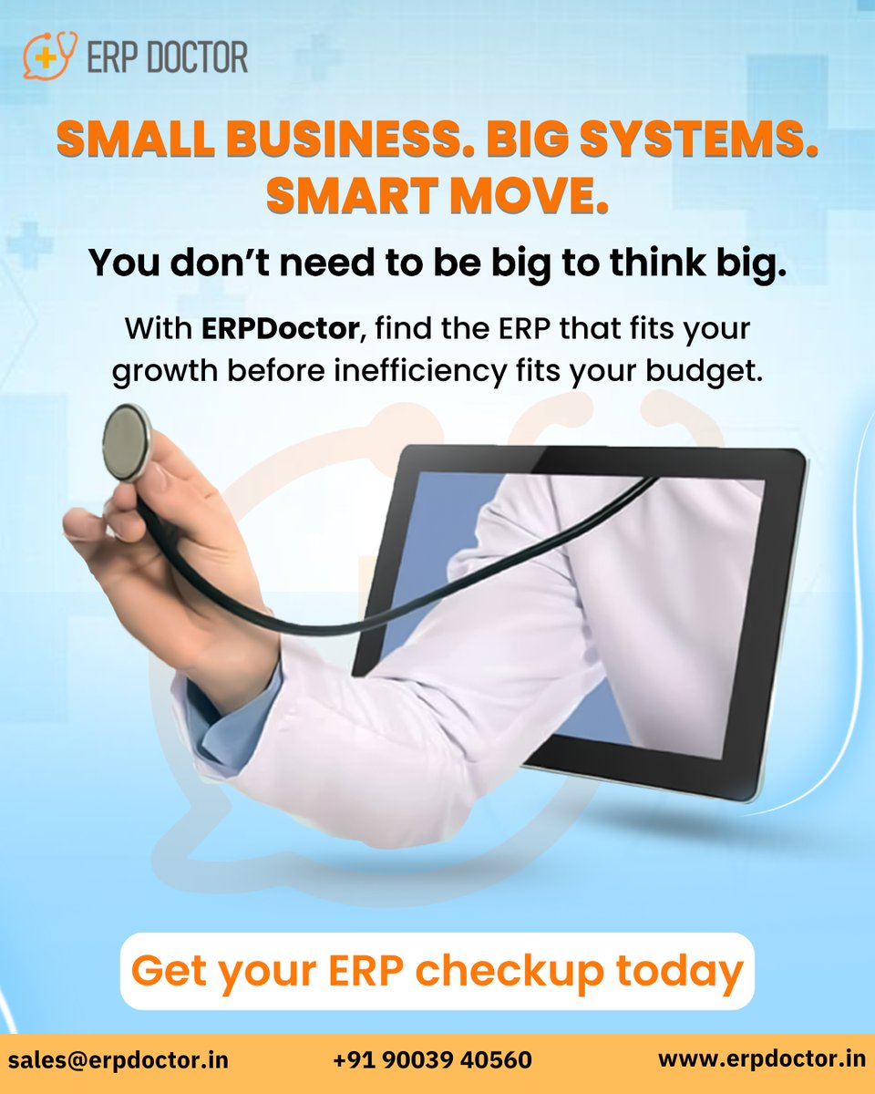 ErpDoctor's tweet image. Small business, big systems. Smart move.
Find the right ERP before inefficiency costs you.
Get your ERP checkup today.

📧 sales@erpdoctor.in | 📞 +91 90039 40560 

🌐 erpdoctor.in

#ERPDoctor #ERPSolutions #SmallBusinessGrowth
