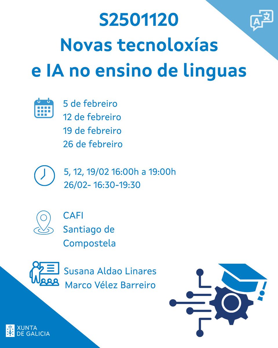 Novas tecnoloxías e IA no ensino de linguas ✨
A intelixencia artificial e as ferramentas dixitais están transformando a maneira de ensinar e aprender linguas… e ti podes ser parte deste cambio!

Prazo de inscrición aberto en fprofe.