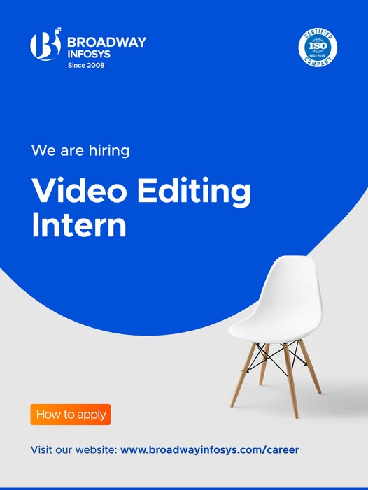 broadwayinfosys's tweet image. Opportunity for Video Editing Intern!
We are seeking an enthusiastic and competitive candidate for a Video Editing Intern.
Interested candidates are encouraged to apply via the link below:
broadwayinfosys.com/.../video-edit…
Please send us the updated CV at hr@broadwayinfosys.com