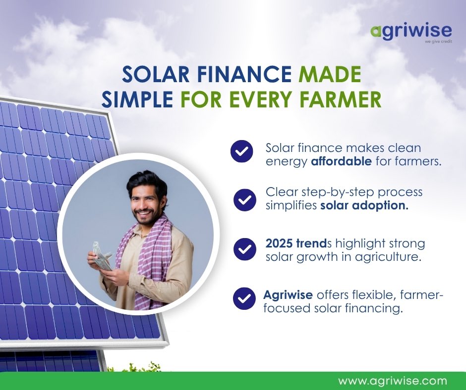 AgriWise's tweet image. What if powering your farm with the sun was not just possible, but surprisingly affordable? 
With solar finance emerging as a game-changer, farmers can switch to clean energy without heavy upfront costs.
Here’s the full breakdown:
agriwise.com/how-does-solar…

#Agriwise #Agrifinance