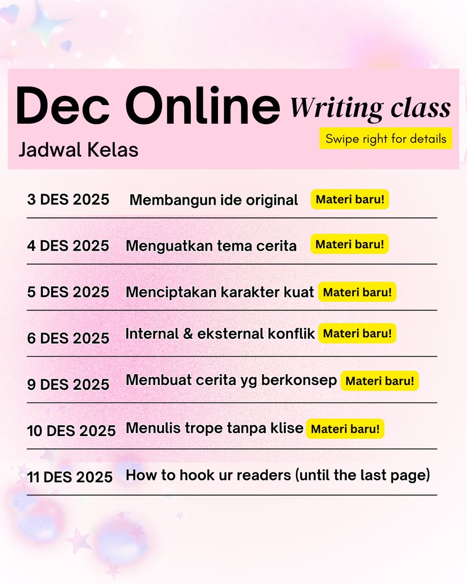adelinaayuu's tweet image. Kelas nulis terakhirku tahun ini! DM me untuk mendaftar!

#adelinaayu #writingclass #privateclass #onlinewritingclass #privateonlinewritingclass #kelasnulis #kelasnulisonline #kelasnulisnovel #kelasnulisnovelonline #lesnulis #tipsnulis