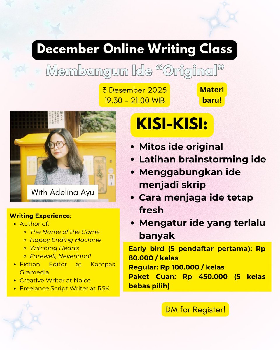adelinaayuu's tweet image. Kelas nulis terakhirku tahun ini! DM me untuk mendaftar!

#adelinaayu #writingclass #privateclass #onlinewritingclass #privateonlinewritingclass #kelasnulis #kelasnulisonline #kelasnulisnovel #kelasnulisnovelonline #lesnulis #tipsnulis