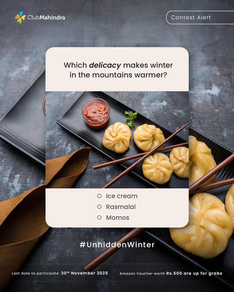 ❄️ #ContestAlert - Day 7 of 16
#UnhiddenWinter with #ClubMahindra

Get ready to enjoy the winter season with 16 exciting questions and a chance to win Amazon vouchers worth ₹500 each!

☃️ How to Participate:
1️⃣ Comment below with your answer using #UnhiddenWinters and