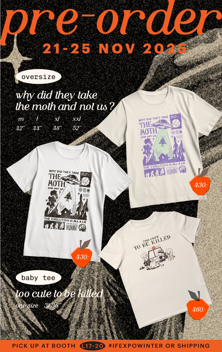 rt appreciated ₍ᐢ. .ᐢ₎ ₊˚⊹♡✦
เสื้อวงมอธแมนกับแป๋วเปิดพรีแล้วค่ะ! 

[Pre-Order] ⟡ The moth &amp; the bunny 🛸🌲🐇🩸
⟡ duration : today - 25 NOV 
⟡ pick up at IF winter Sat&amp;Sun or shipping
⟡ link : forms.gle/5duroQvtHa3ZRU…

ขอบคุณในทุกความสนใจนะคะ !
#IFWINTER #IFEXPOWINTER