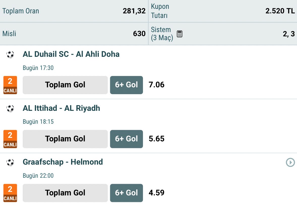 6+ Gol〽️ Kombinasyonu

👉Karşılaşmaları ikililer şeklinde sistemsiz olarak da deneyeceğiz.

▶️Rekor oranlarla tarih yazıyoruz. Burayı küçük miktarlarla alacağız, cumartesi öncesi kısıtlı bir bültendeyiz.
