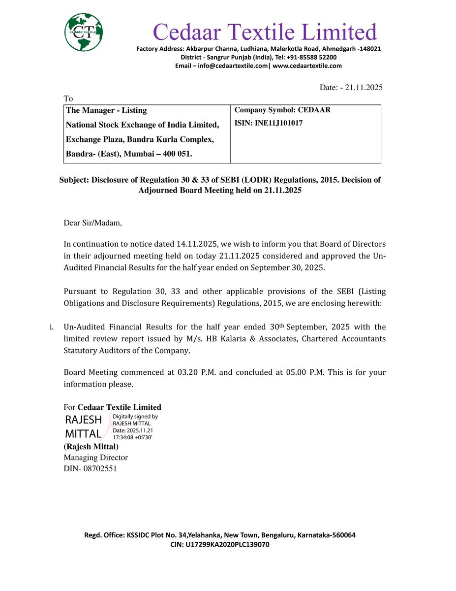 nileshkurhade's tweet photo. 📌 Cedaar Textile Limited informed the exchange about its approval for the financial results for the period ended September 30, 2025. #SME #CEDAAR 📄🧾 https://t.co/N5H7VOYsdN