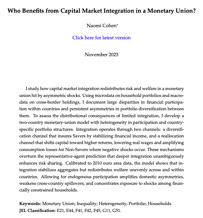 I’m on the job market this year! 🥳 
My paper studies who benefits from capital market integration in a monetary union facing asymmetric shocks. 
Read it here 👉: ncohenecon.github.io/CMU_JMP_Cohen.…