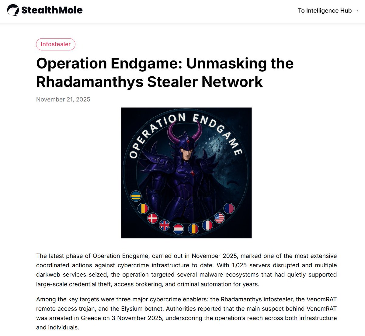 stealthmole_int's tweet image. Operation Endgame: Unmasking the Rhadamanthys Stealer Network

Operation Endgame (Nov 2025) disrupted 1,025 servers and seized major darkweb services. Key targets included Rhadamanthys, VenomRAT, and the Elysium botnet. Our report focuses on Rhadamanthys and the actor…