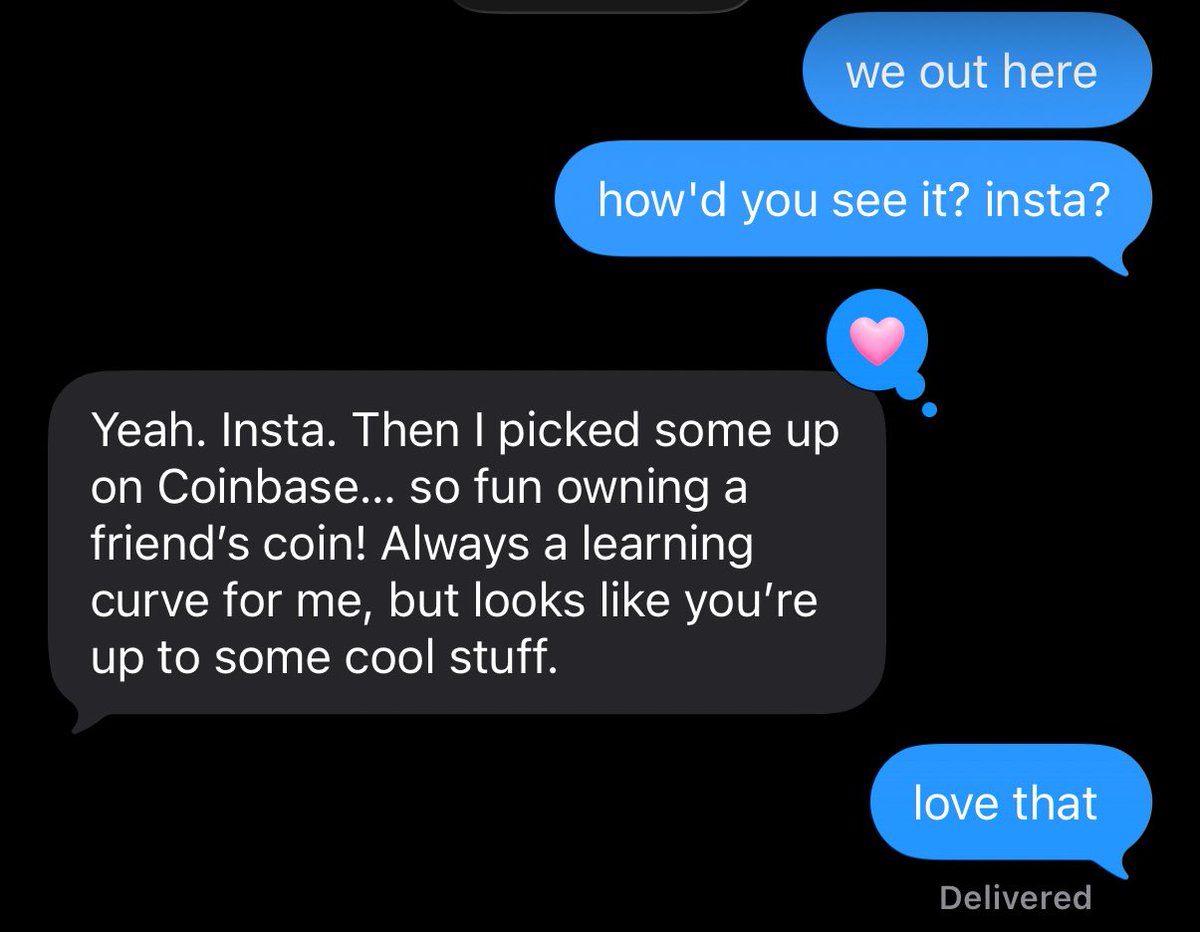 Screenshot of a text conversation about discovering a friend's coin on Instagram and buying it on Coinbase