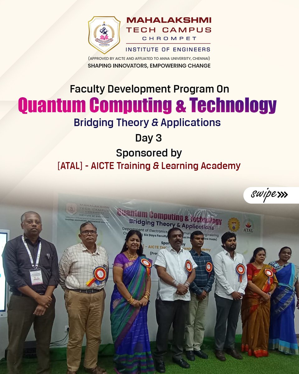 MahalakshmiTech's tweet image. Day 3 of ATAL FDP explored advanced topics including quantum internet, satellite-based communication, and scalable quantum hardware. Hands-on labs and research discussions enriched participants’ understanding of next-gen quantum systems
#quantumcomputing #quantummachinelearning