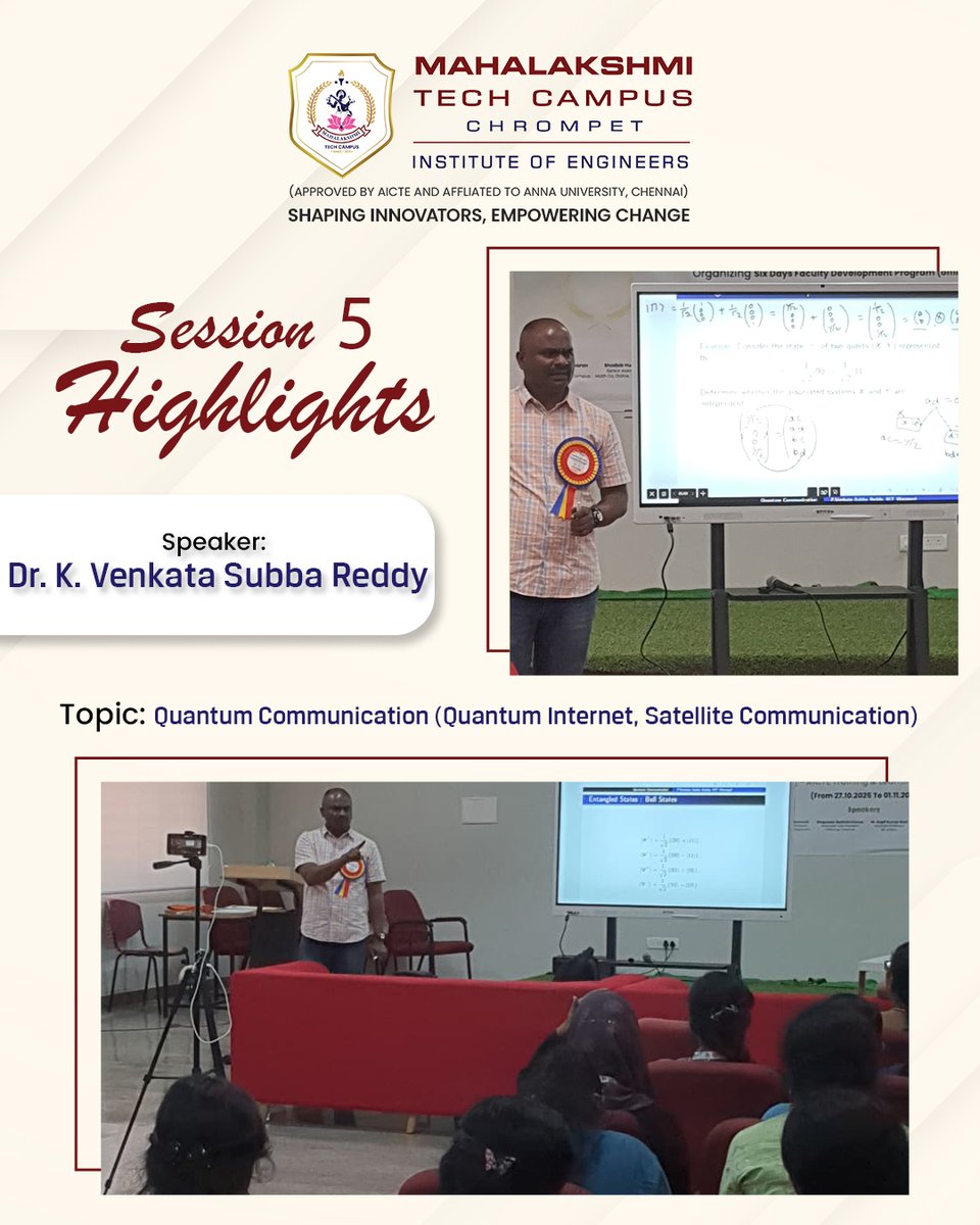 MahalakshmiTech's tweet image. Day 3 of ATAL FDP explored advanced topics including quantum internet, satellite-based communication, and scalable quantum hardware. Hands-on labs and research discussions enriched participants’ understanding of next-gen quantum systems
#quantumcomputing #quantummachinelearning