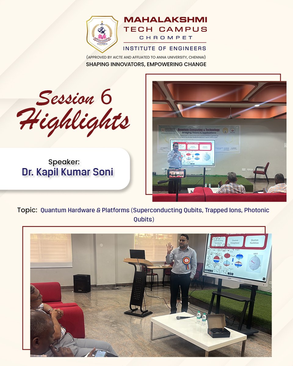 MahalakshmiTech's tweet image. Day 3 of ATAL FDP explored advanced topics including quantum internet, satellite-based communication, and scalable quantum hardware. Hands-on labs and research discussions enriched participants’ understanding of next-gen quantum systems
#quantumcomputing #quantummachinelearning