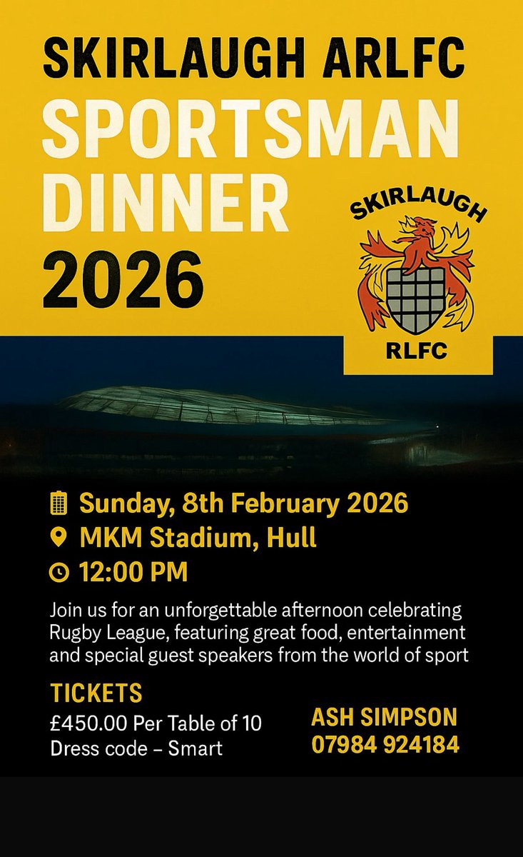Gentlemen dinner  8th February at the MKM. John Stiles is confirmed at MC and Comedian and we are waiting on confirmation of an RL legend as our guest speaker. To books a table Please see contacts Either WhatsApp or email Carl.Wiles@SJPP.co.uk &amp; ashleysimo@hotmail.co.uk 
#UTC 🥕