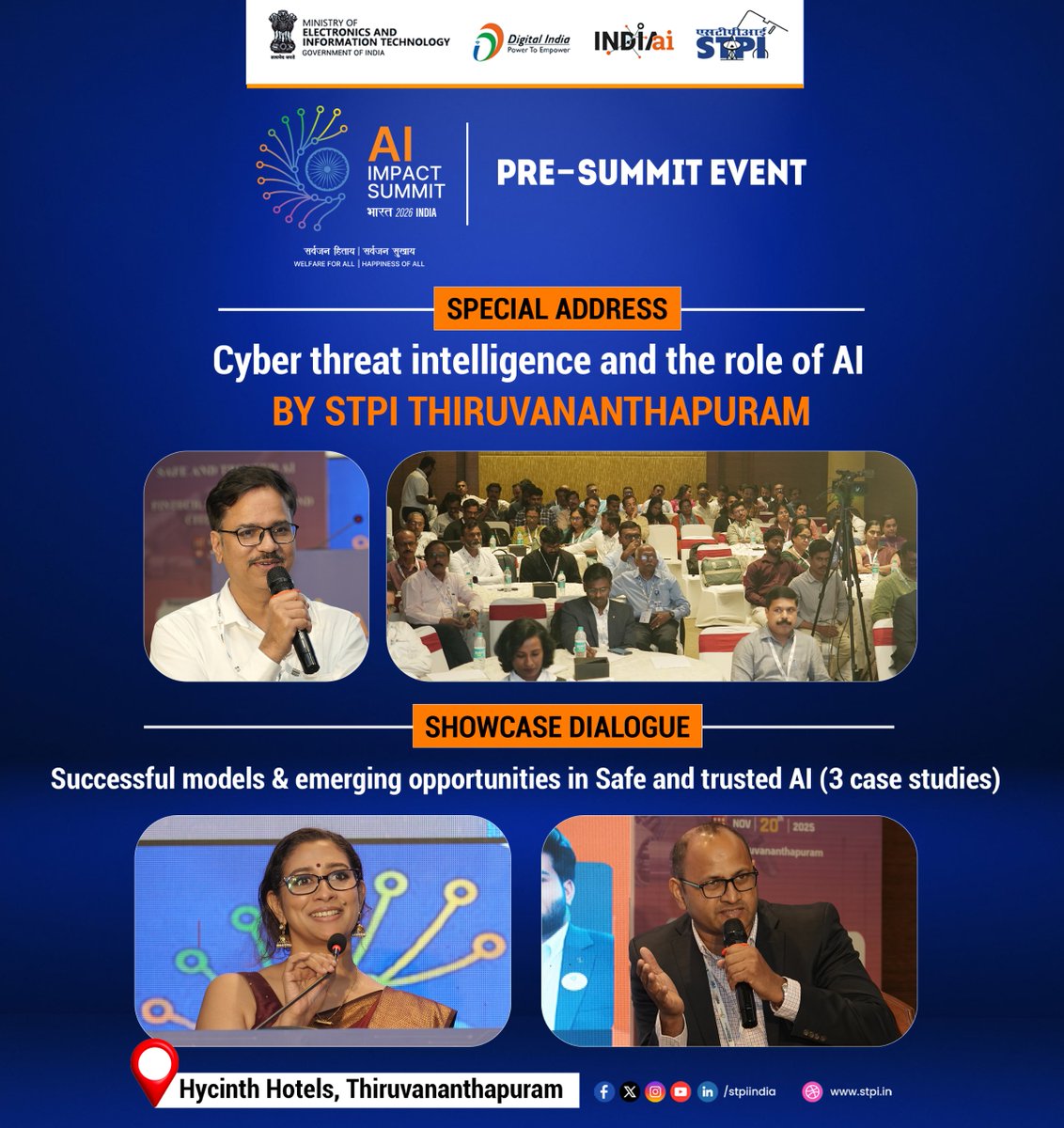 OfficialINDIAai's tweet image. Glimpses from Pre-Summit event by STPI Thiruvananthapuram 📸

As part of &apos;Paving the Path to India-AI Impact Summit 2026&apos;, a Pre-Summit event on &apos;Safe &amp;amp; Trusted AI for Fintech, Healthcare and Citizen Safety&apos; by STPI Thiruvananthapuram, numerous insightful sessions were held to…