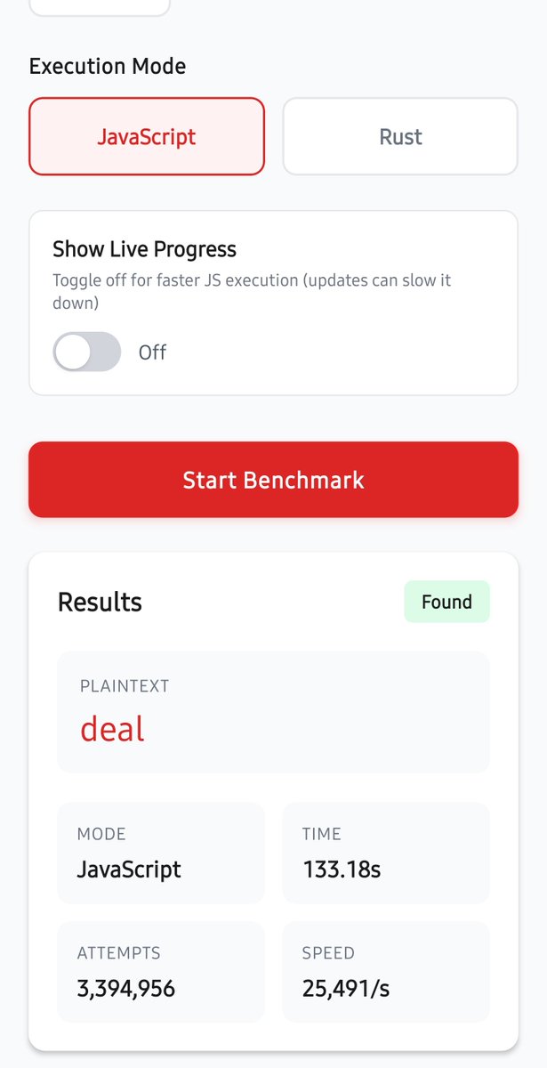 Nerd_Stack's tweet image. Built an MD5 brute-force benchmark test using Craby (Rust + C++ TurboModule bindings) to get a perspective on how Rust compares to JavaScript for CPU-intensive work in React Native.

The performance gap is mind-blowing