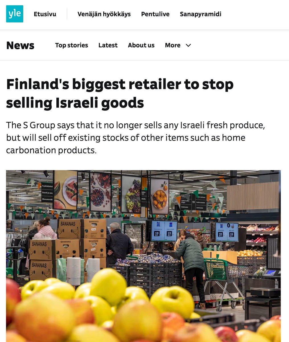 ICBSOFGAZA's tweet image. انتصار جديد..  S group أكبر متاجر التجزئة في فنلندا توقف بيع المنتجات الاسرائيلية! 

 الحراك العالمي يستمر .. ويجب أن يستمر ..