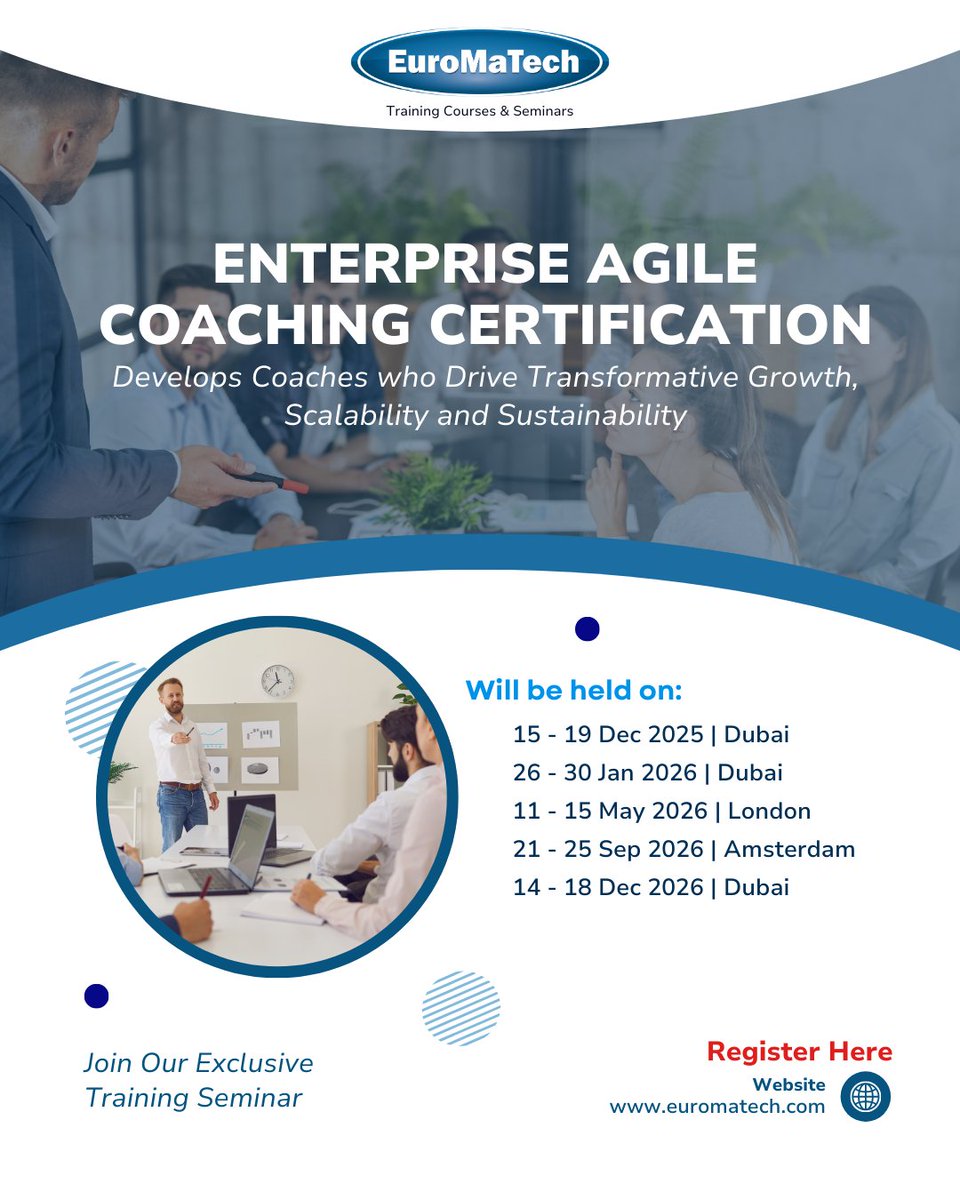 euromatech's tweet image. Become a Change Agent with EuroMaTech’s “Enterprise Agile Coaching Certification”

Register:
euromatech.com/course/enterpr…
Call / WhatsApp: +971 50 1966 003

#AgileCoaching #EnterpriseAgile #AgileTransformation #Leadership #ChangeManagement #ScrumMaster  #ProfessionalDevelopment